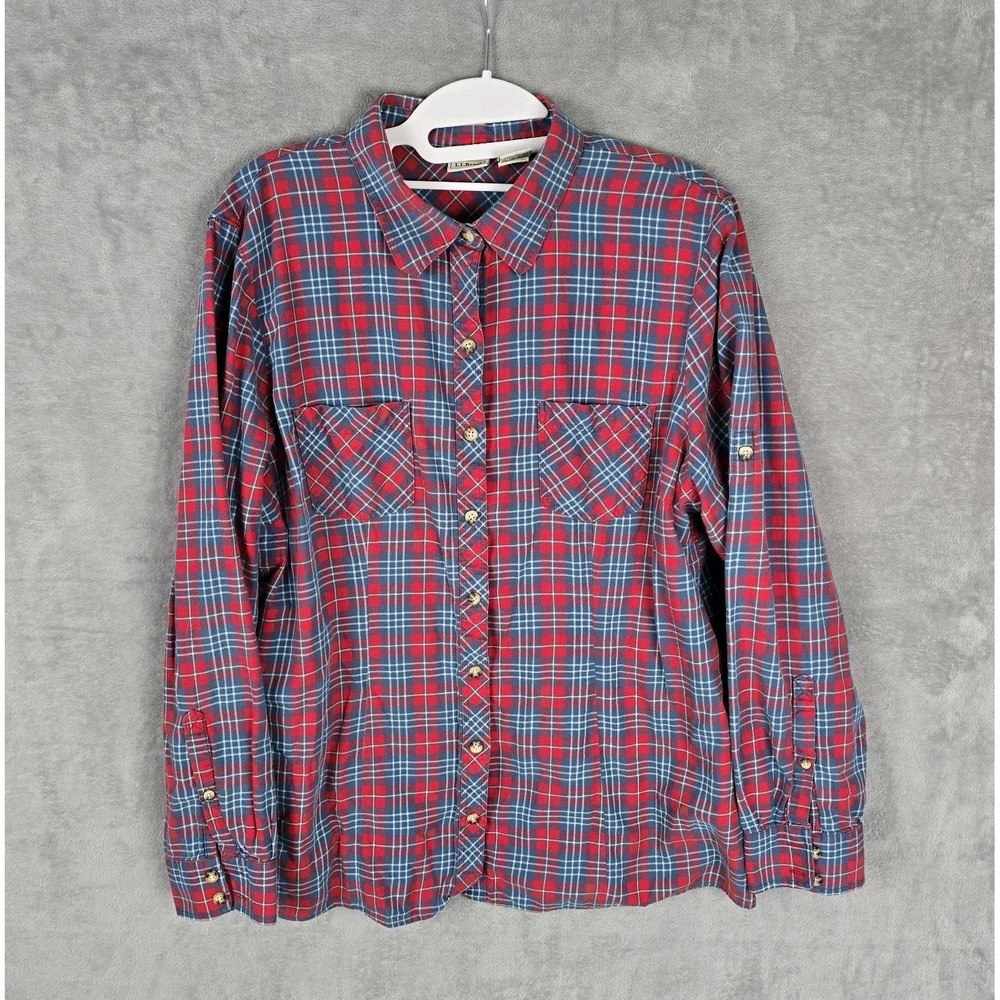 LL Bean Womens Red Blue Plaid Cotton Flannel Button Down Shirt L-REG‎ 264495